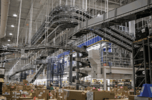 A warehouse with a spiral staircase