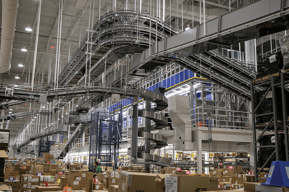 A warehouse with a spiral staircase